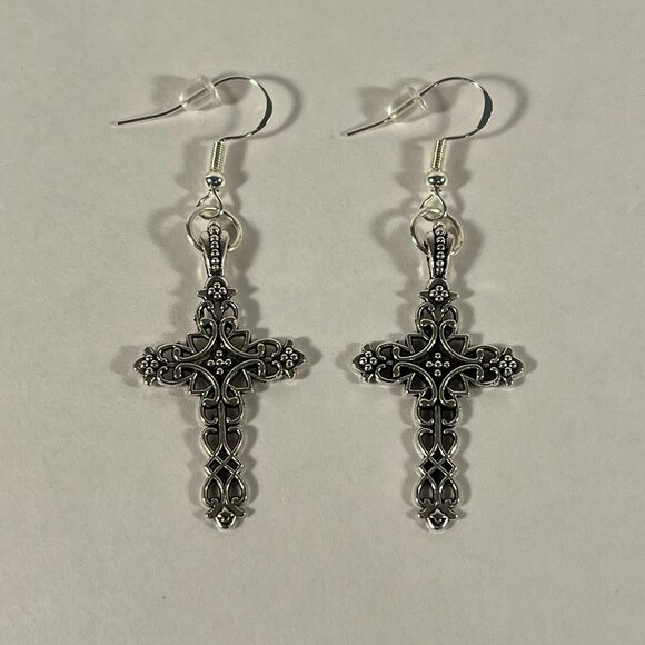 Ornate Silver Cross Dangle Earrings Medium NWT - Picture 1 of 2